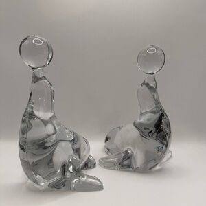 Set Of 2 Vintage Martinsville Heavy Glass Bookends Figurines Seal Balancing Ball